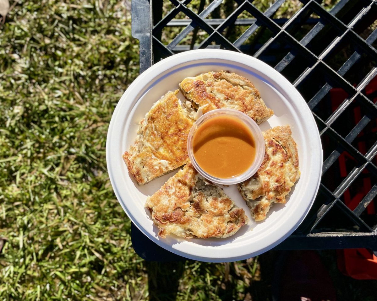 A top-down shot of a round fritter cut into four equal triangles, with a tub of chutney in the centre. The plate is sitting on a milk crate on green grass.