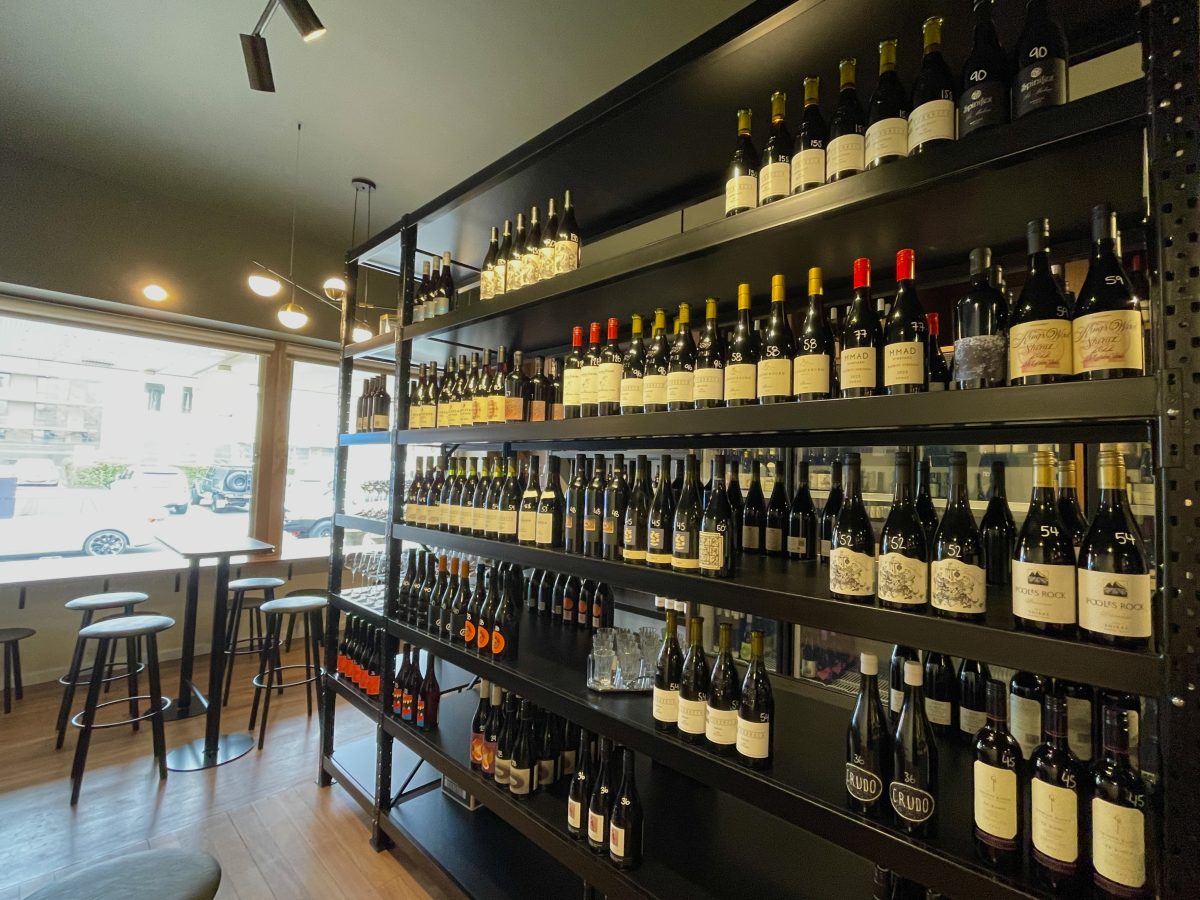 Retail shelves of wine.