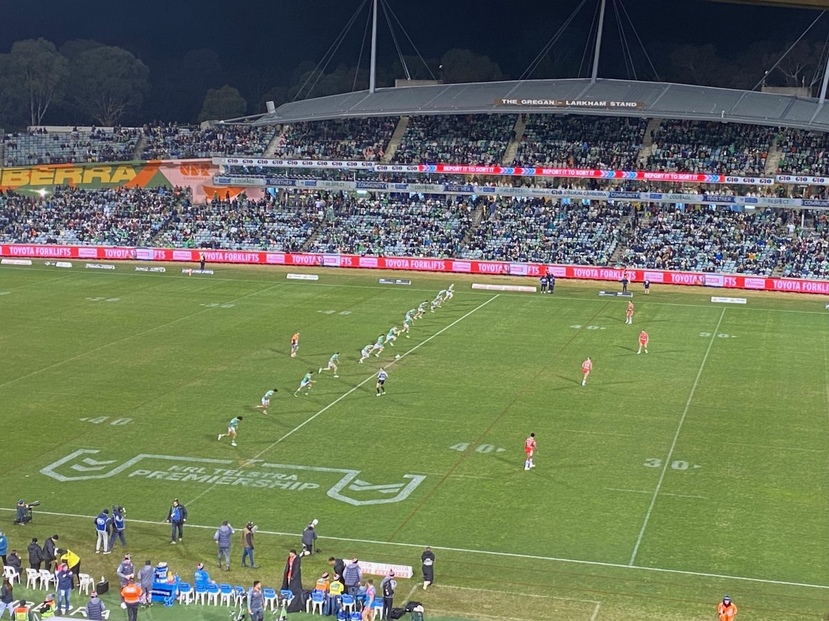 The Raiders playing the Dragons at GIO Stadium in July with a crowd of more than 15,000 watching on. Photo: Jennifer Andrew.