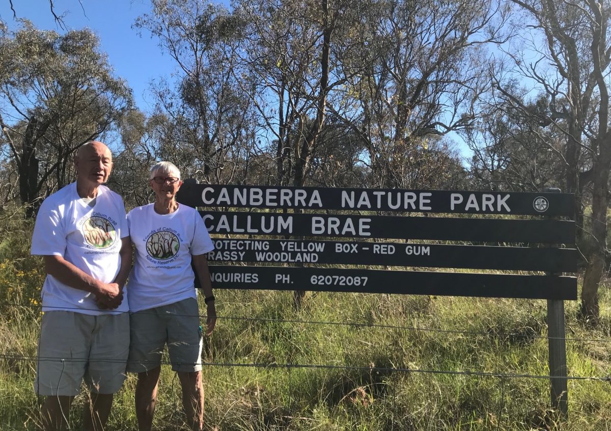 couple standing at nature reserve sign