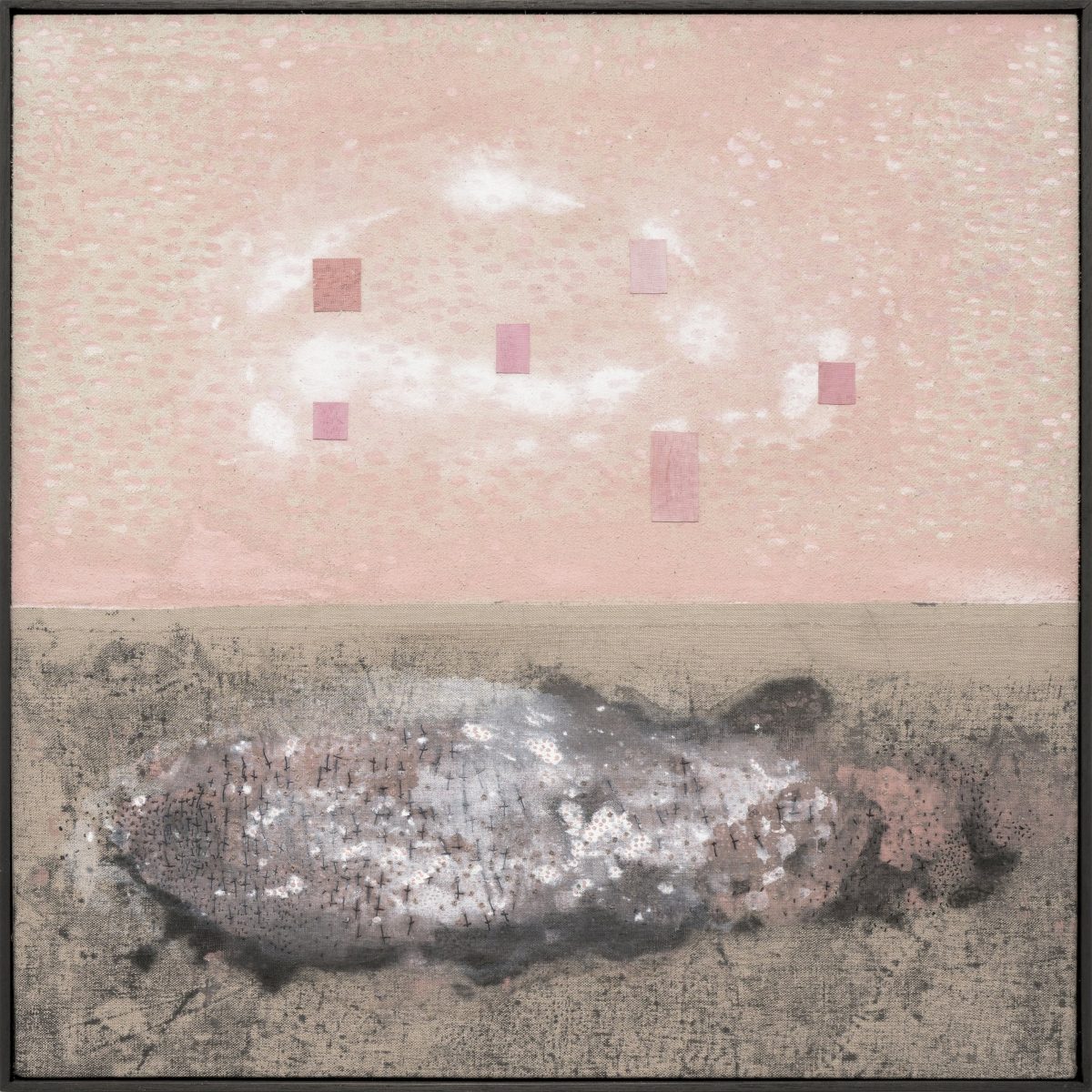 Abstracted polychrome painting with a big rock-like shape in the foreground