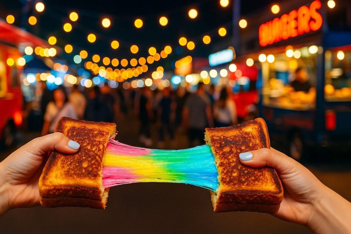 Two hands pulling apart a toastie with rainbow coloured cheese. In the background, festival lights.