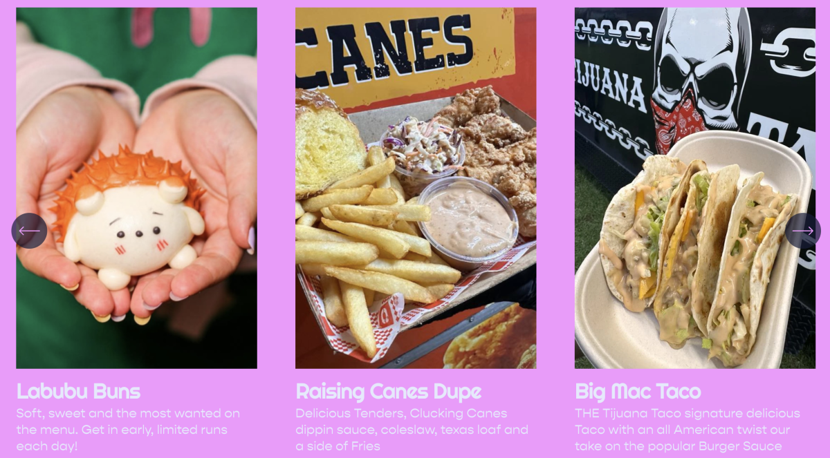 Three images of food - including a cartoonish-looking dumpling - on a bright pink background.