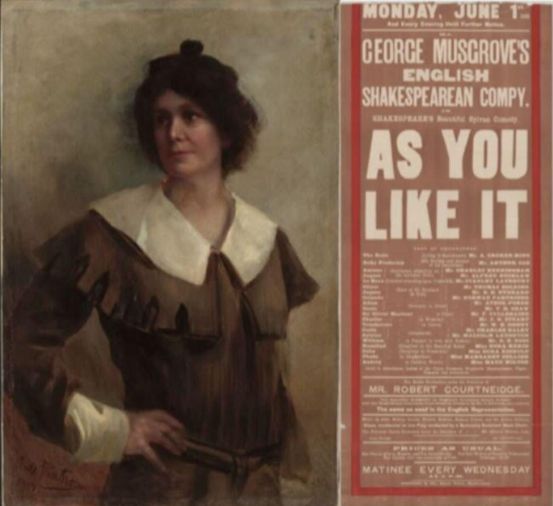 Portrait of Nellie Stewart on oil canvas and photograph of Shakespeare advertising in the paper.
