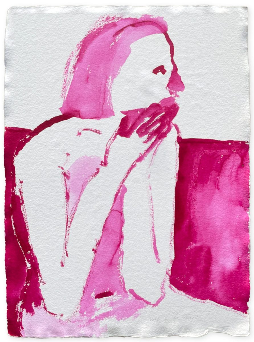 Pink drawing of a figure seated in a room