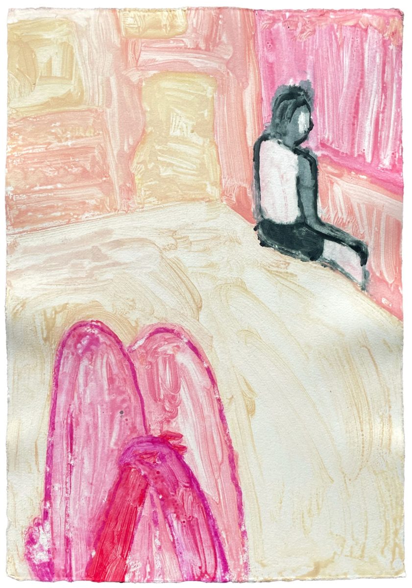 Interior room scene with figure seated on a bed