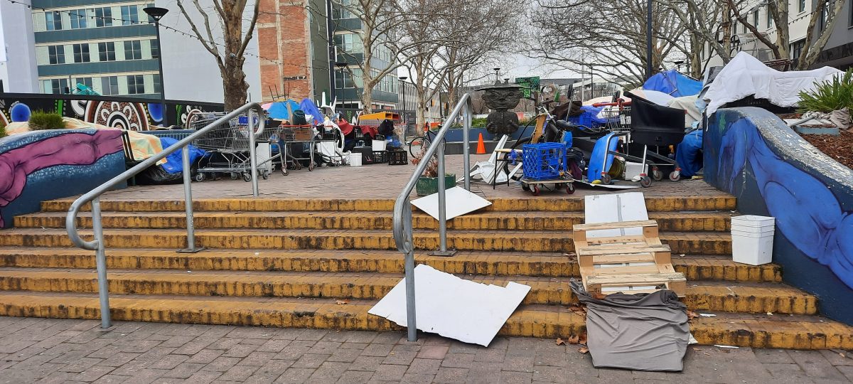 The homeless camp in Petrie Plaza