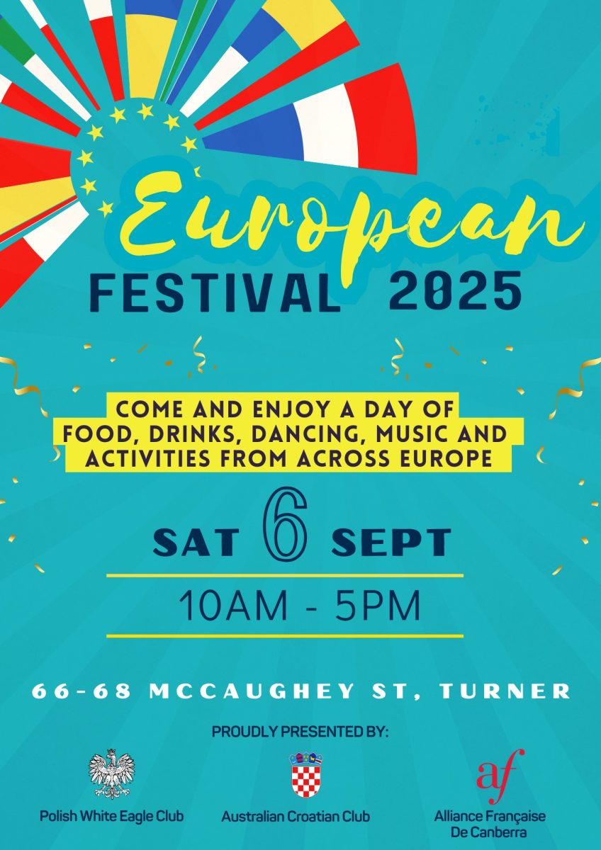 Poster for European Festival with text "come and enjoy a day of food, drinks, dancing, music and activities from across Europe"