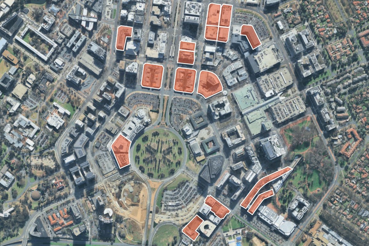 aerial photo of Canberra CBD ith some buildings highlighted