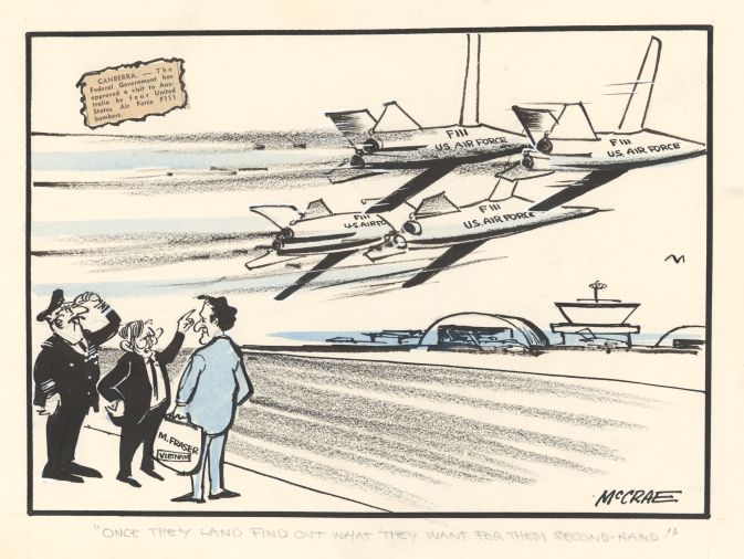 Cartoon graphic of four United States Air Force planes and three male characters