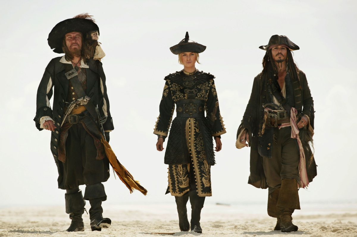 (L-R) Geoffrey Rush, Keira Knightley, Johnny Depp pictured in the Pirates of the Caribbean
