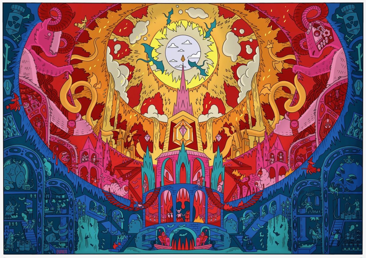 Colourful cartoon image depicting a tower with dragons circling.