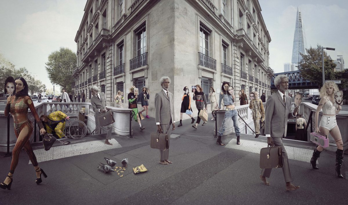 Urban street scene with people walking around