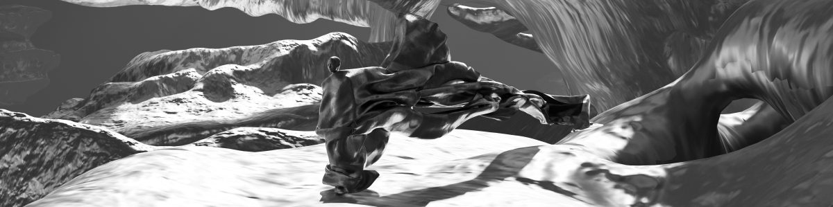 Black and white image of a figure floating in a strange landscape