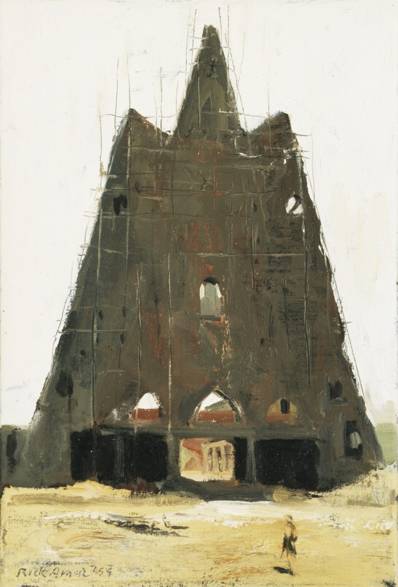 A painting of a green triangular structure