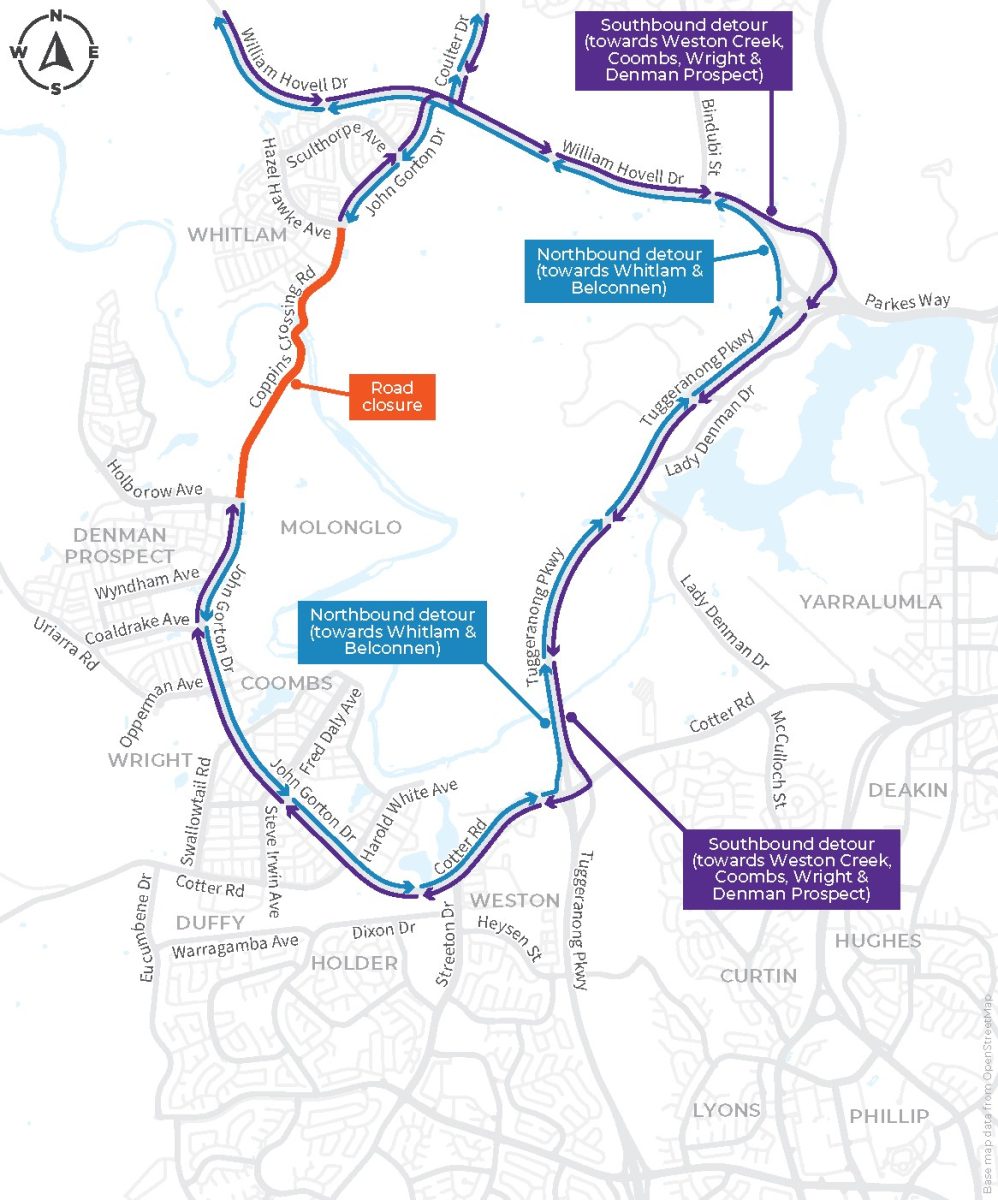 map of road detours in Molonglo