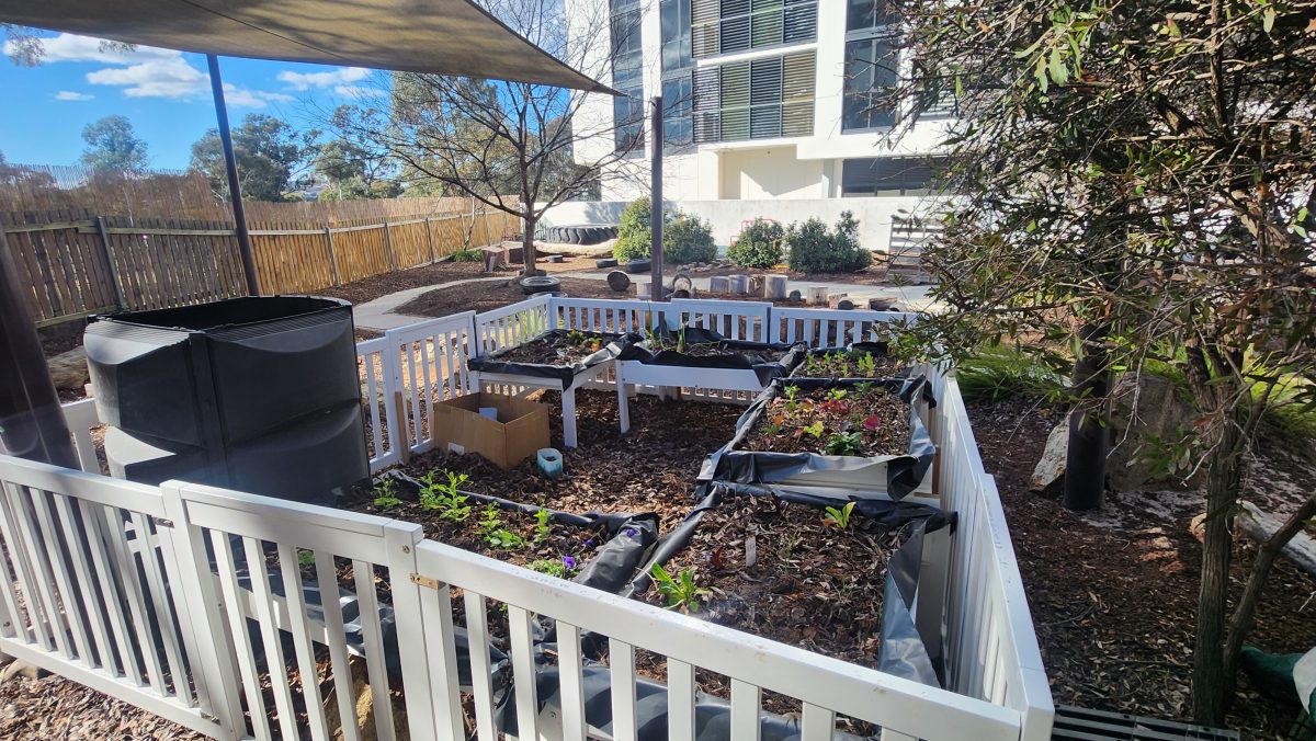 A garden made using cots and other recycled materials.