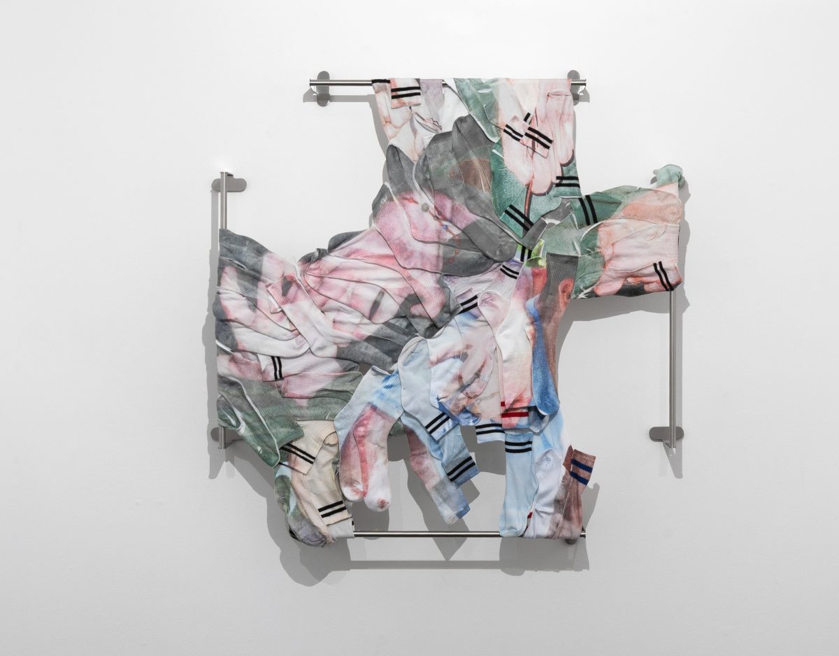 Printed cloth stretched on steel railings