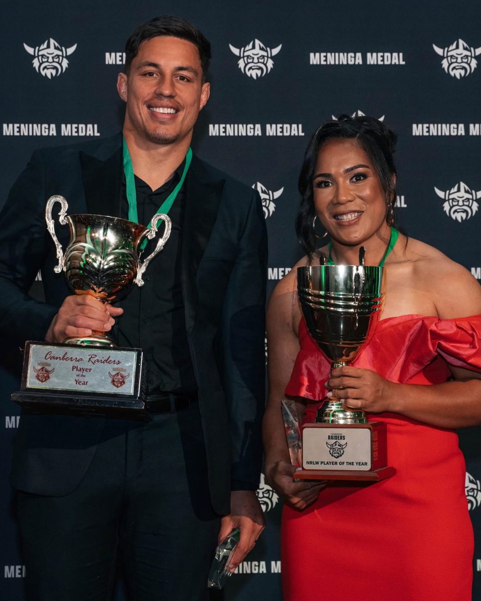 Joe Tapine wins the Meninga Medal for the fourth year and Simaima Taufa is the Raiders NRLW Player of the Year for the second time. Photo: Supplied by Canberra Raiders.
