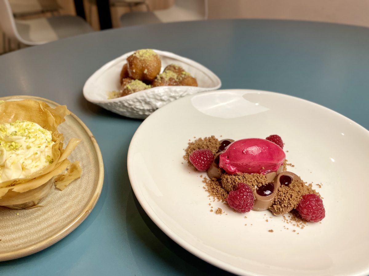 Three plates of dessert.