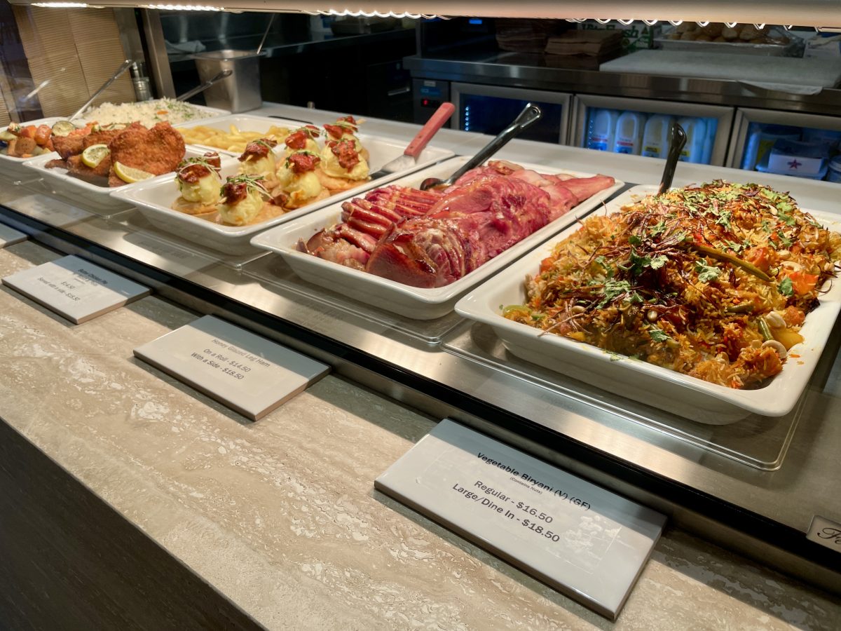 A hot bar of foods.