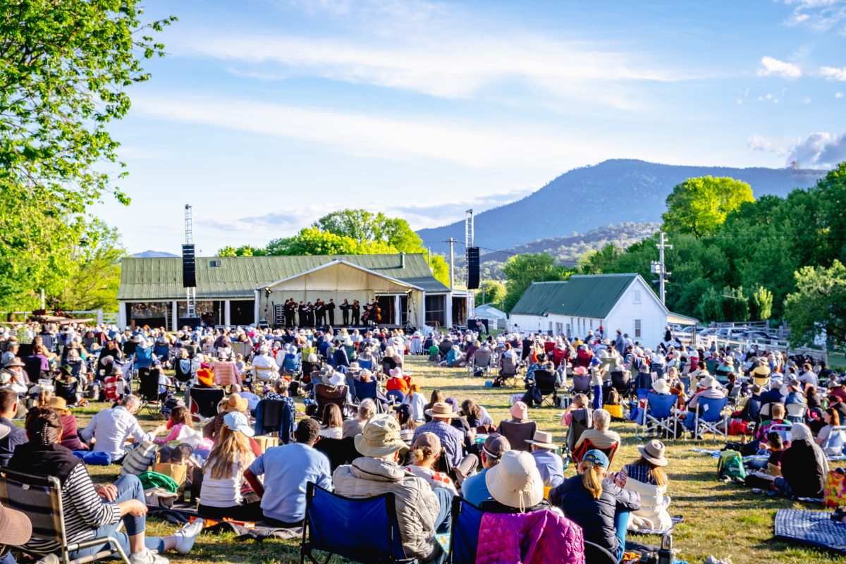 a crowd of people sitting outside on grass looking at a stage of musicians playing music