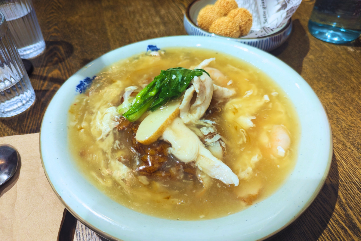 Bowl of noodles on broth.