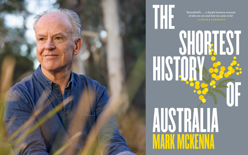 Headshot of Mark McKenna and book cover for The Shortest History of Australia