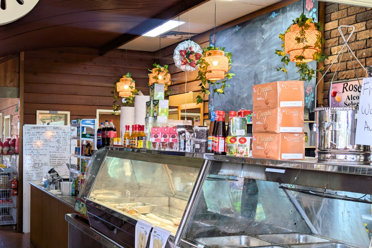Restaurant counter with warming cupboards.
