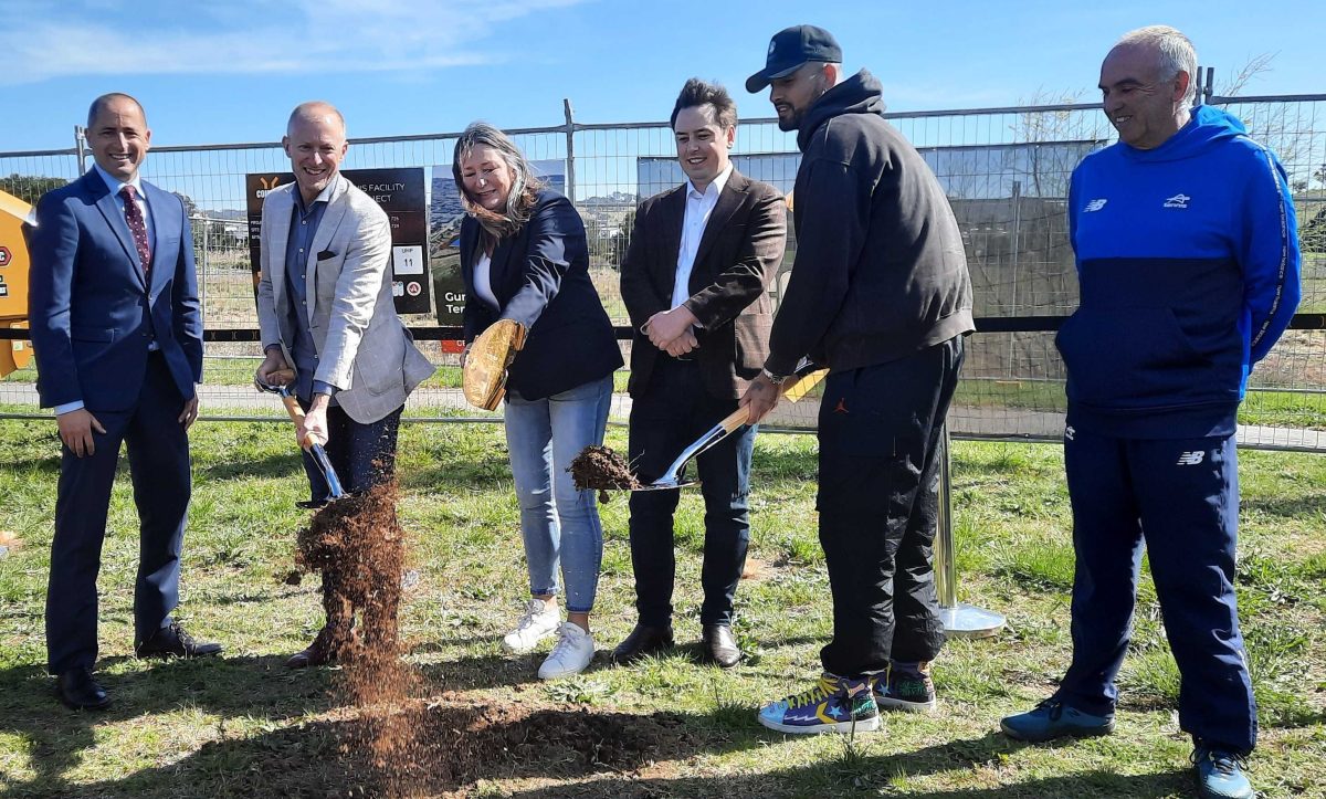 Nick Krygios makes it official, with Tennis ACT CEO Mark La Brooy, Tennis ACT President Ben Fuller, Minister Yvette Berry, local MLA Michael Pettersson and Tennis Australia's Brent Larkham.