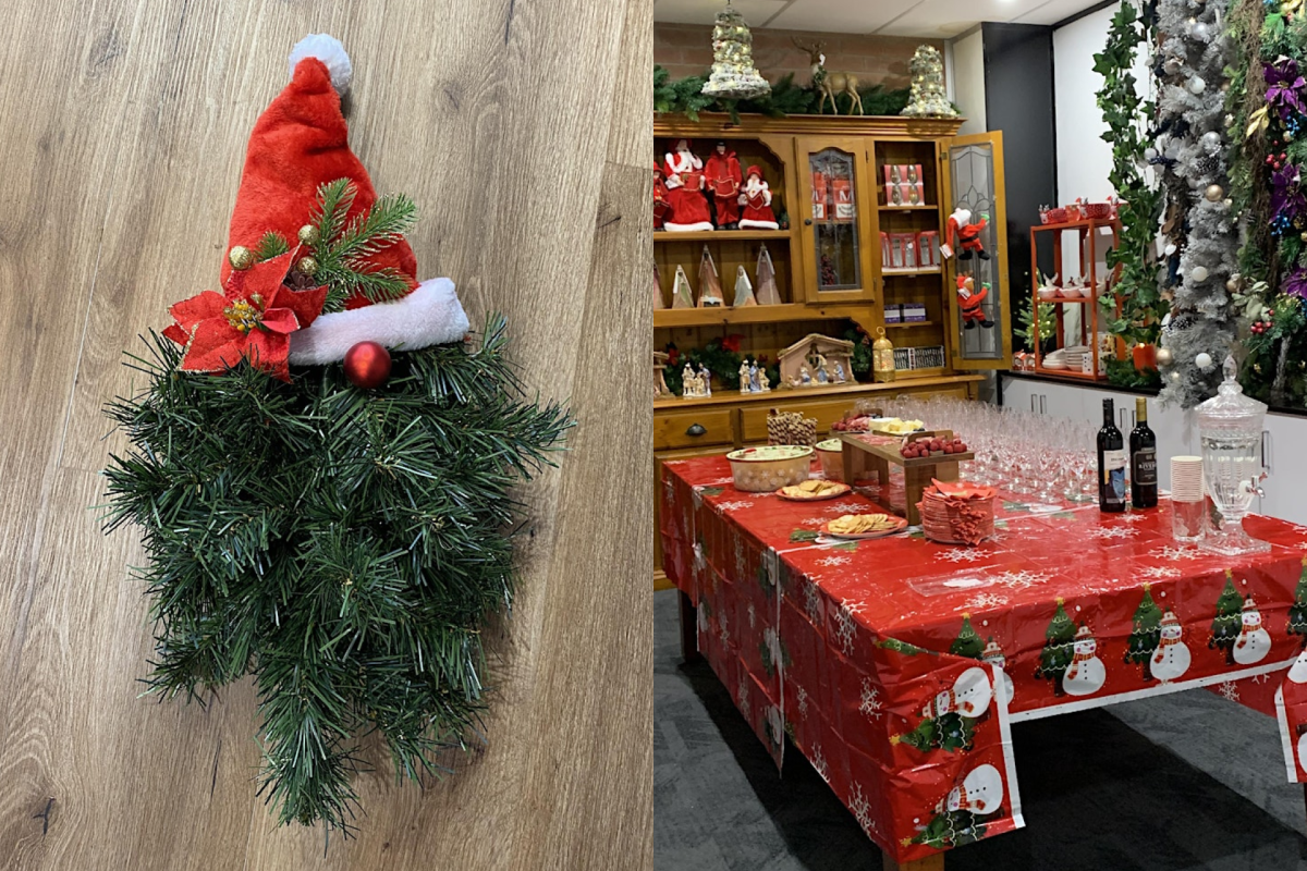 Santa Tree Beard and a table with food and drinks and Christmas decorations around it