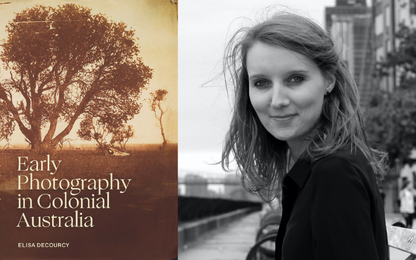 Book cover for Early Photography in Colonial Australia and headshot of Elisa deCourcy