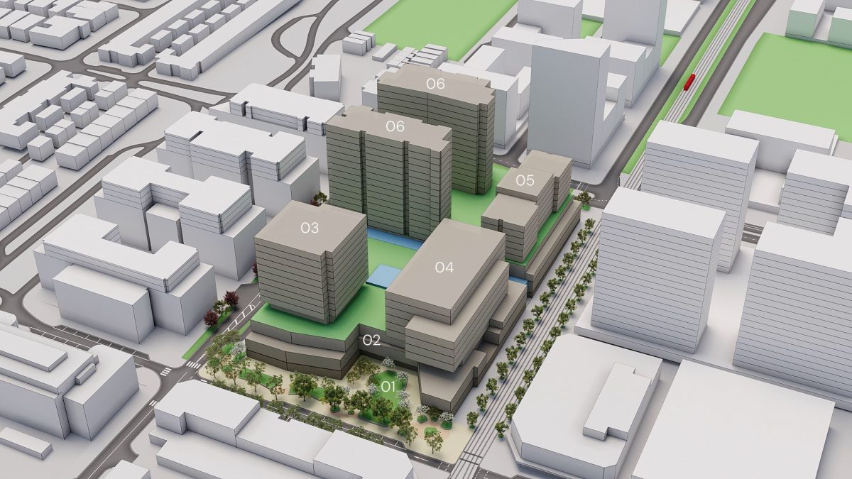 A massing illustration of a multi-use precinct
