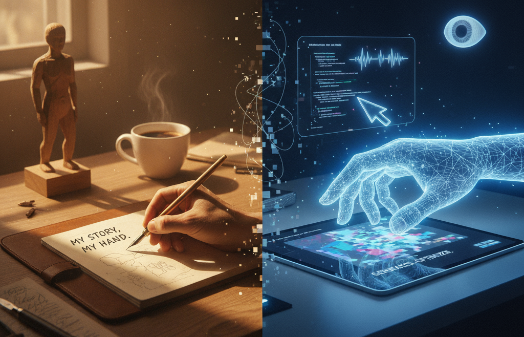 organic hand with a pencil writing on a pad next to an AI hand writing on a tablet