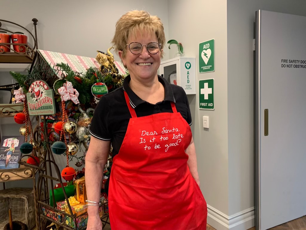 Dianne Tarrant wearing festive apron