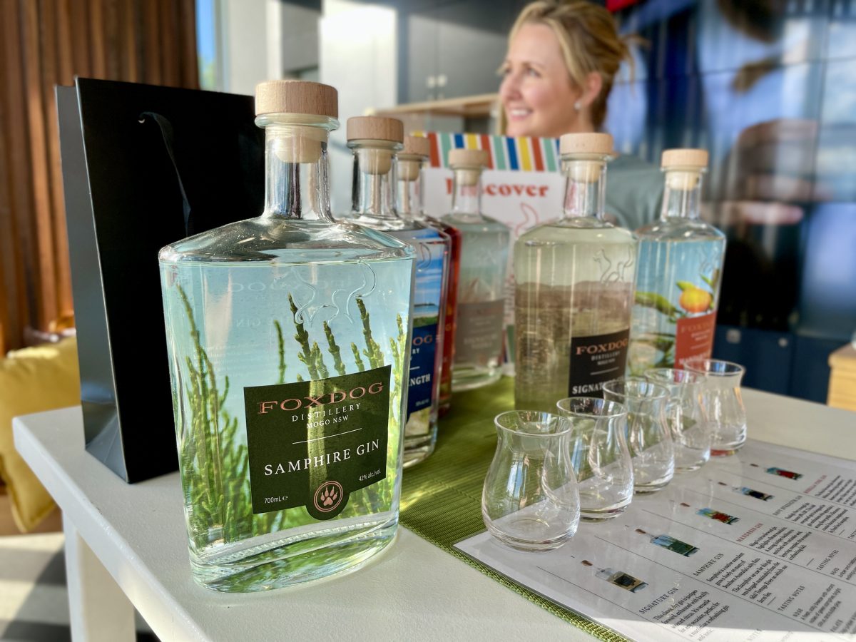 A Foxdog Distillery Samphire Gin bottle, featuring a photo of samphire: a long, thin succulent.