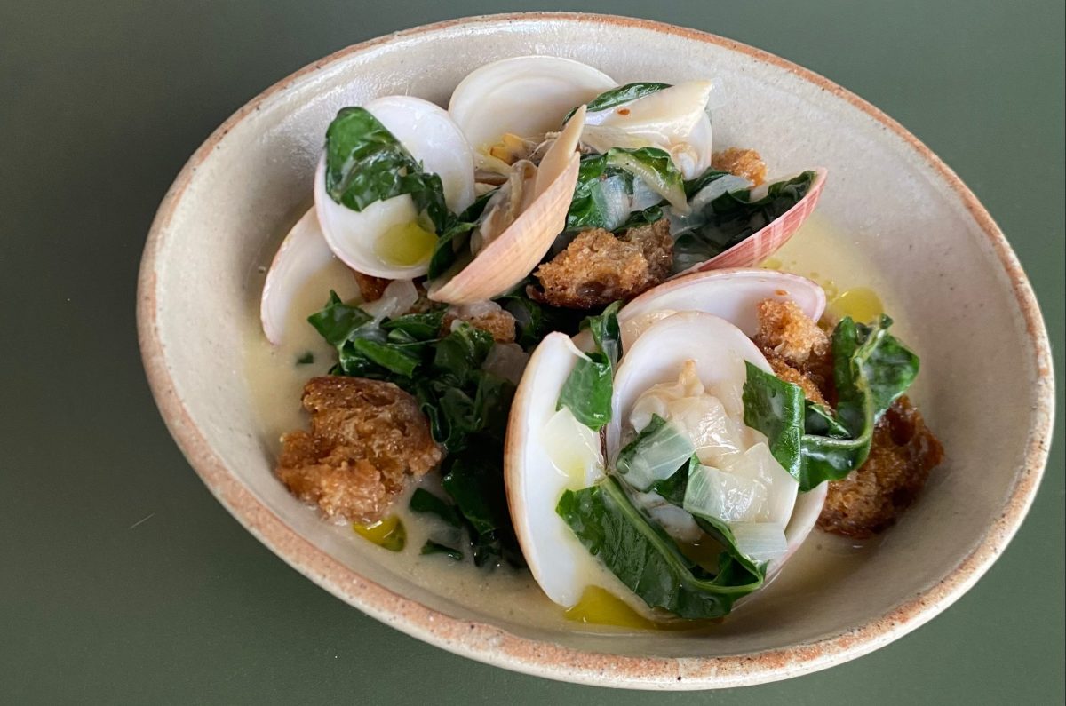 A tasty looking bowl of clams with greens.