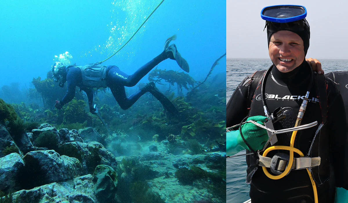 Two photos side by side, on the left a diver underwater, on the right a man in diving gear stands on a boat.