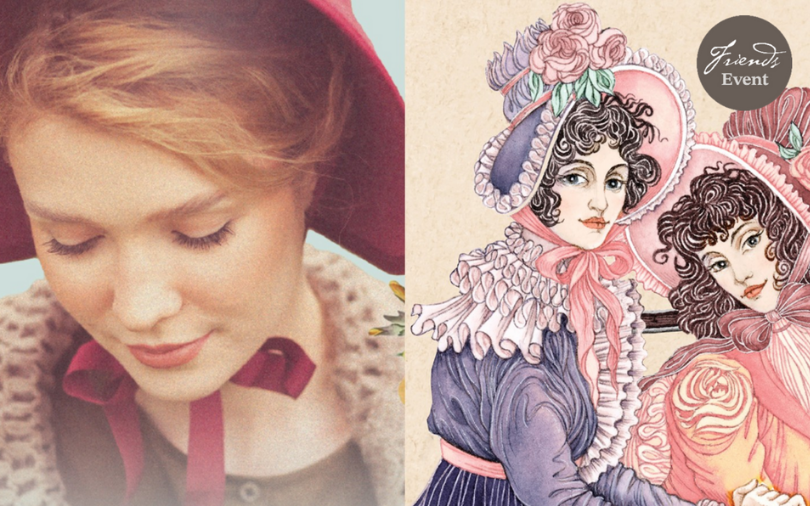 A woman in a bonnet and the illustration of women in bonnets with the Friends of the National Library of Australia event sticker