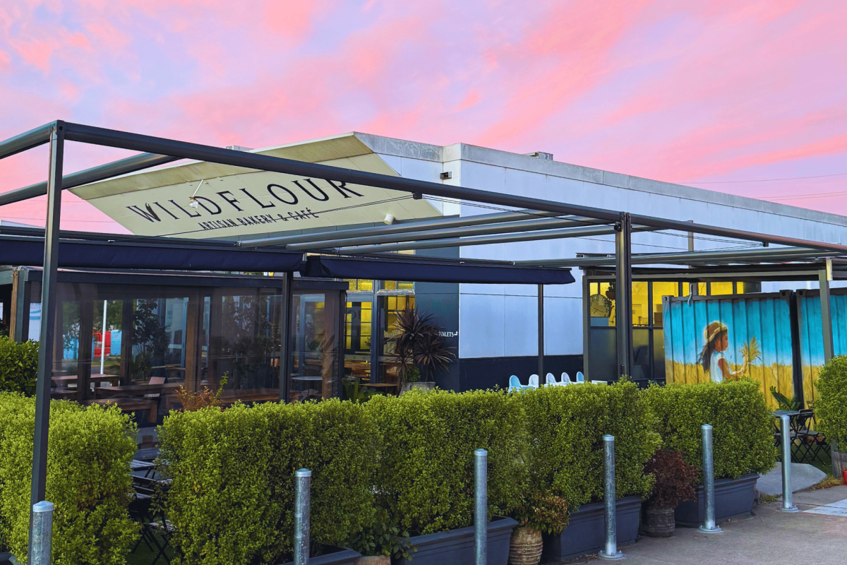 Cafe exterior in a sunset.
