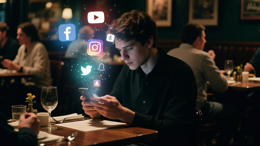 man eating dinner with social media logos coming out of his phone