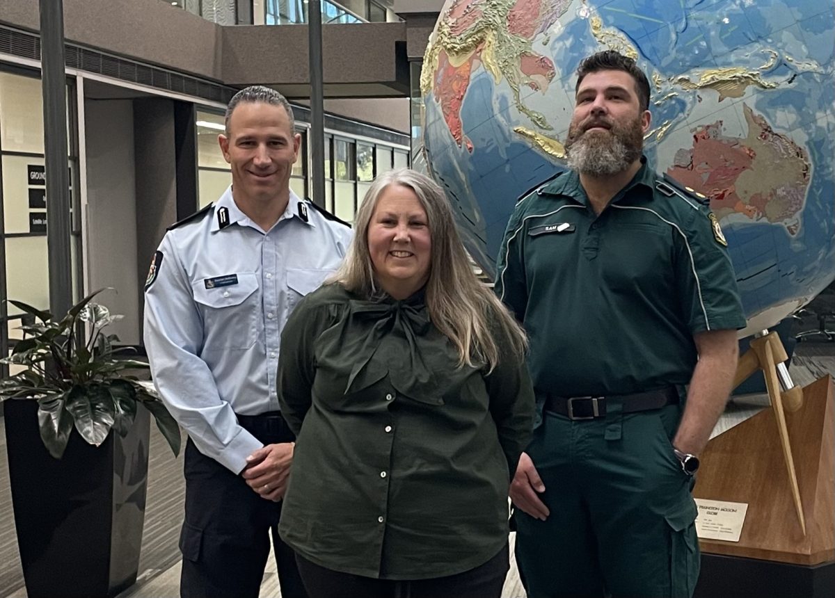 From left to right: ACT Fire and Rescue Commander Damian Holloway, Geoscience Australia Seismologist Dr Michelle Salmon and ACT Ambulance Service’s Samuel Perillo 