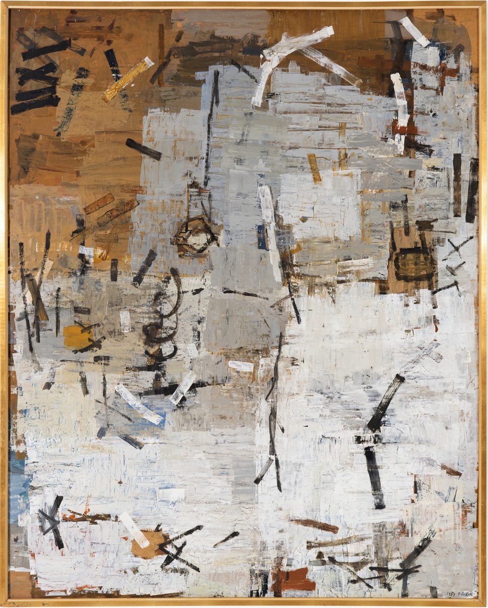 Abstract painting with browns, whites and greys