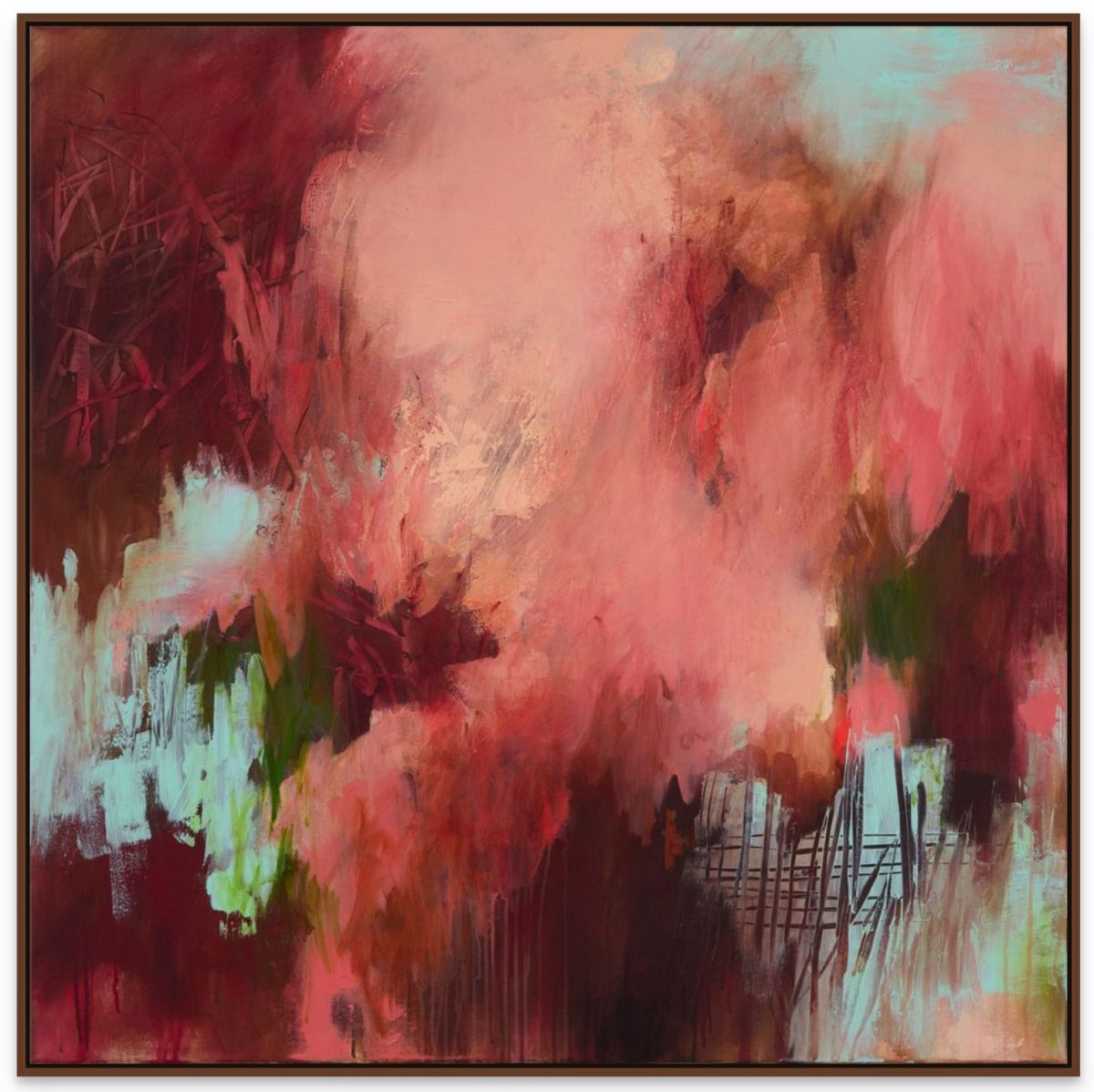 Squre polychrome painting with reds, pinks and greens