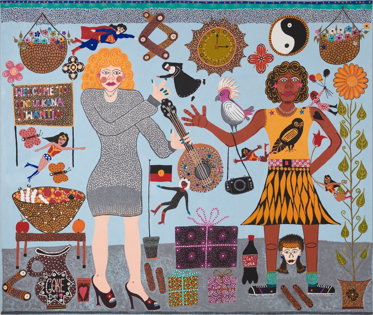 Colourful painiting of two figures in a room