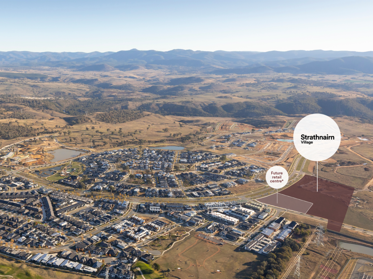 birds eye view of Ginninderry with Strathnairn Village and Future Retail Centre mapped out