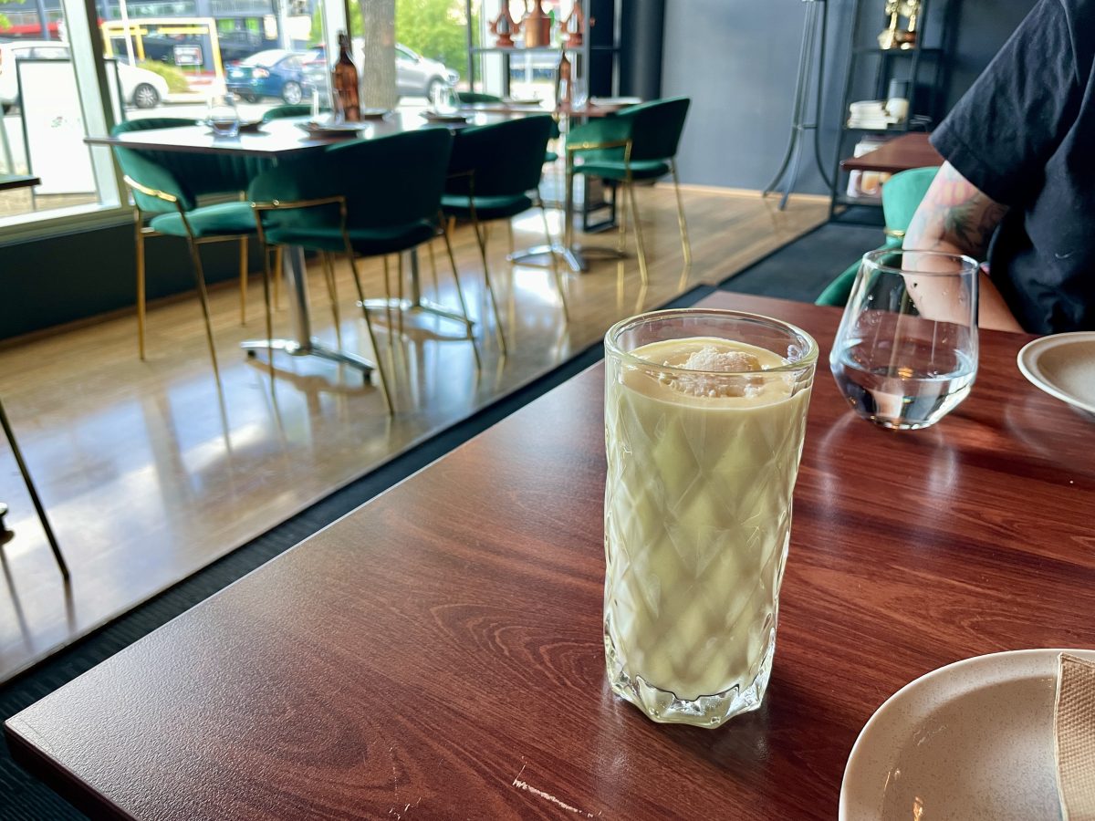 A mango lassi on a table.