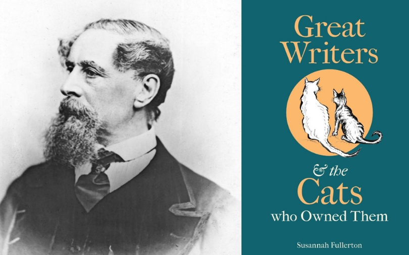 Portrait of a bearded man in profile, alongside a blue book cover with two illustrated cats