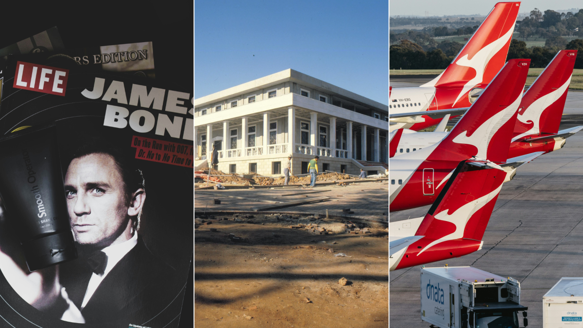 James Bond poster, embassy, Qantas planes