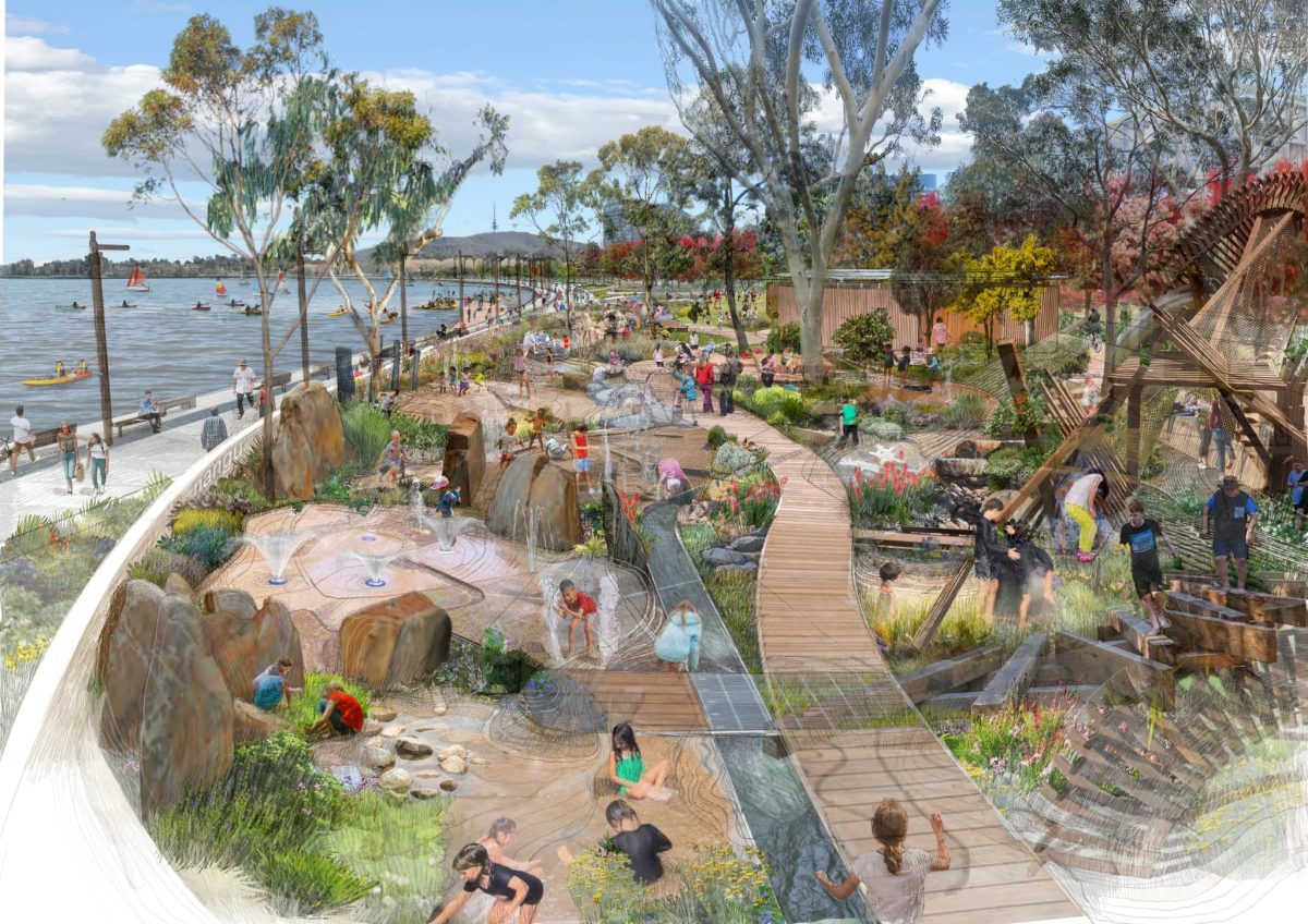 Kid's playing in nature park by lake.